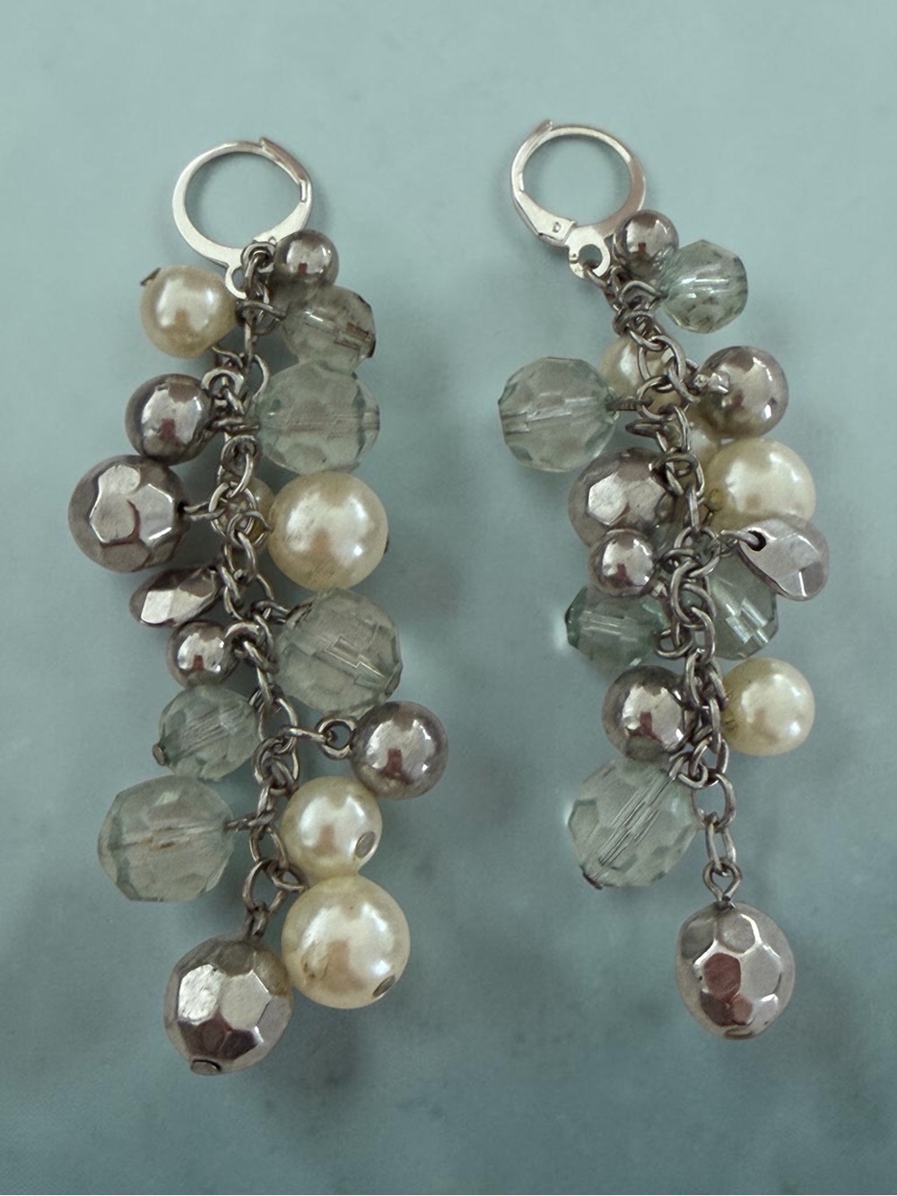 Cluster Drop Pearl and Crystal Dangle Earrings - Silver and Cream